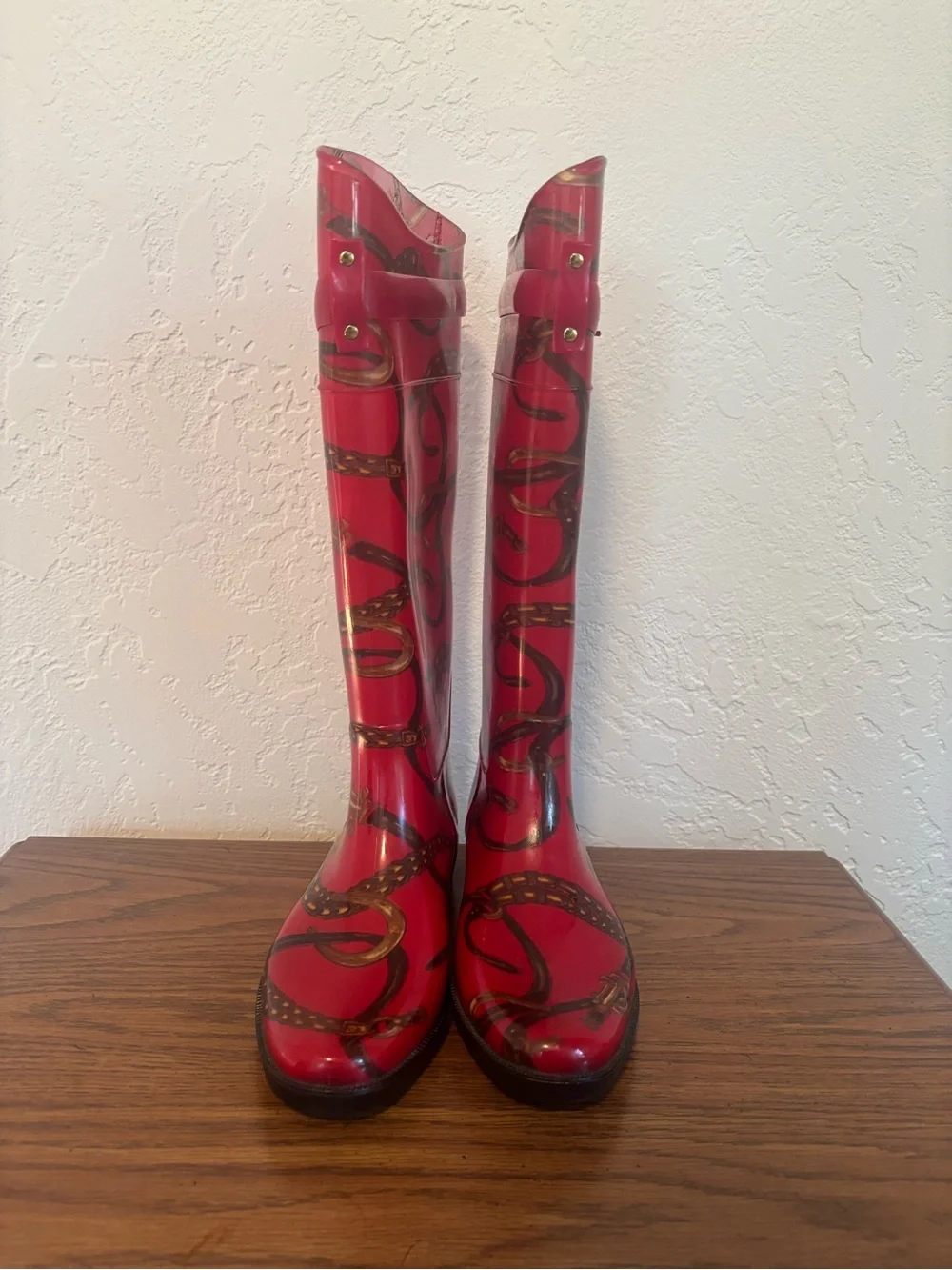 Lauren Ralph Lauren Rossalyn II Red Printed Tall Rain Boots with Buckle Accent